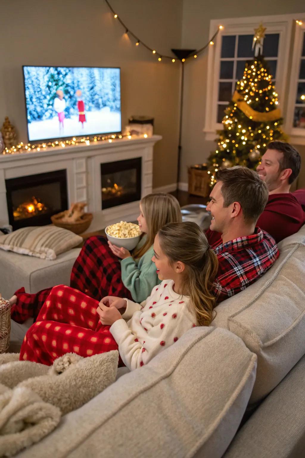 A cozy movie night scene with the family enjoying holiday classics.