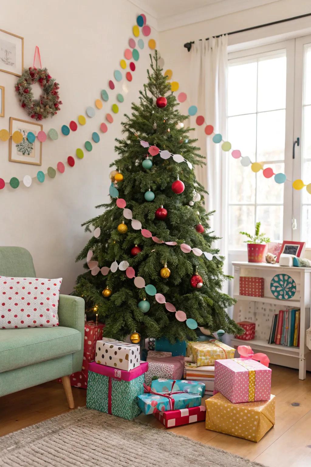 A playful Christmas tree with polka dot garlands