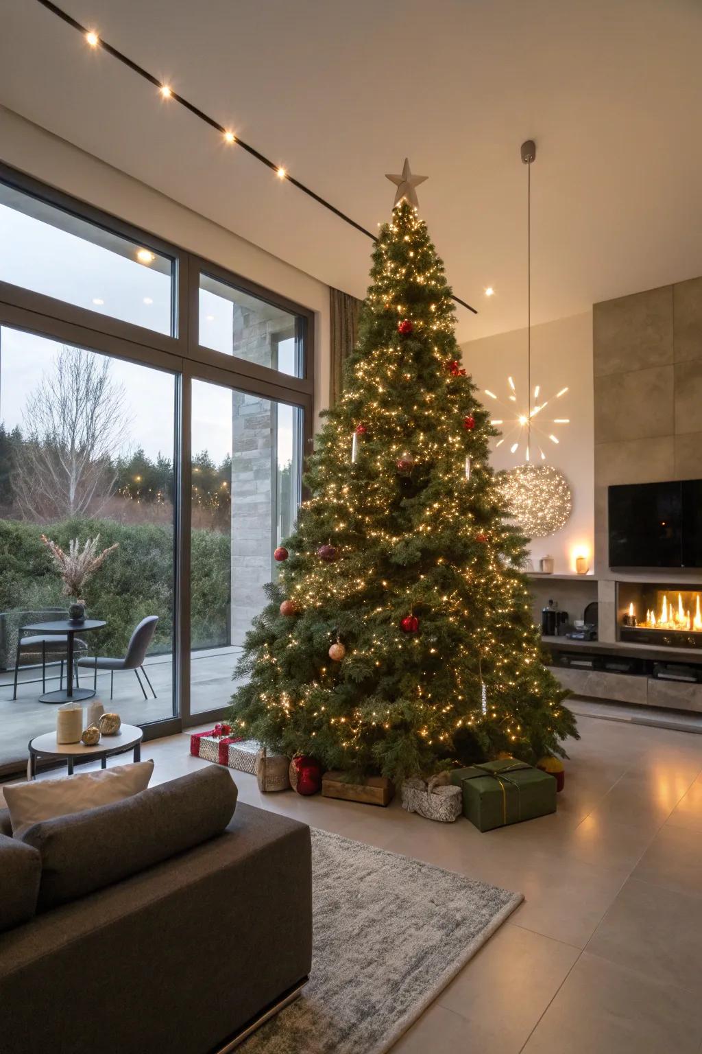 Fiber optic lights adding a futuristic touch to a Christmas tree.