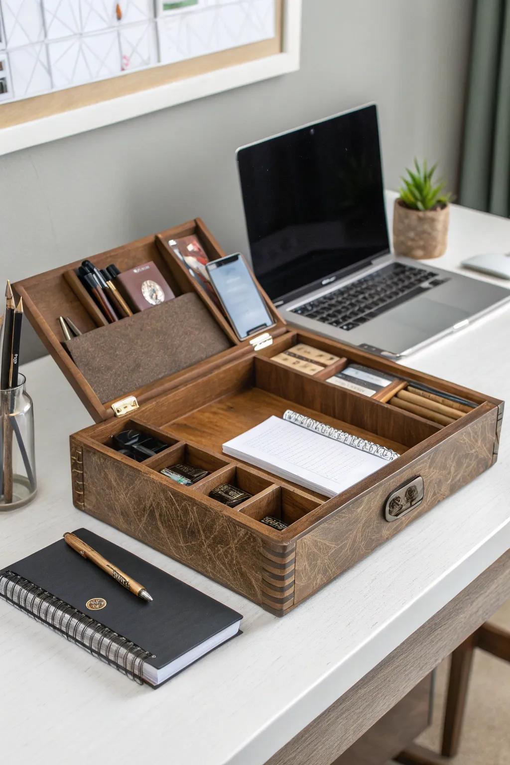 A chic desk organizer from a cigar box keeps your workspace tidy.