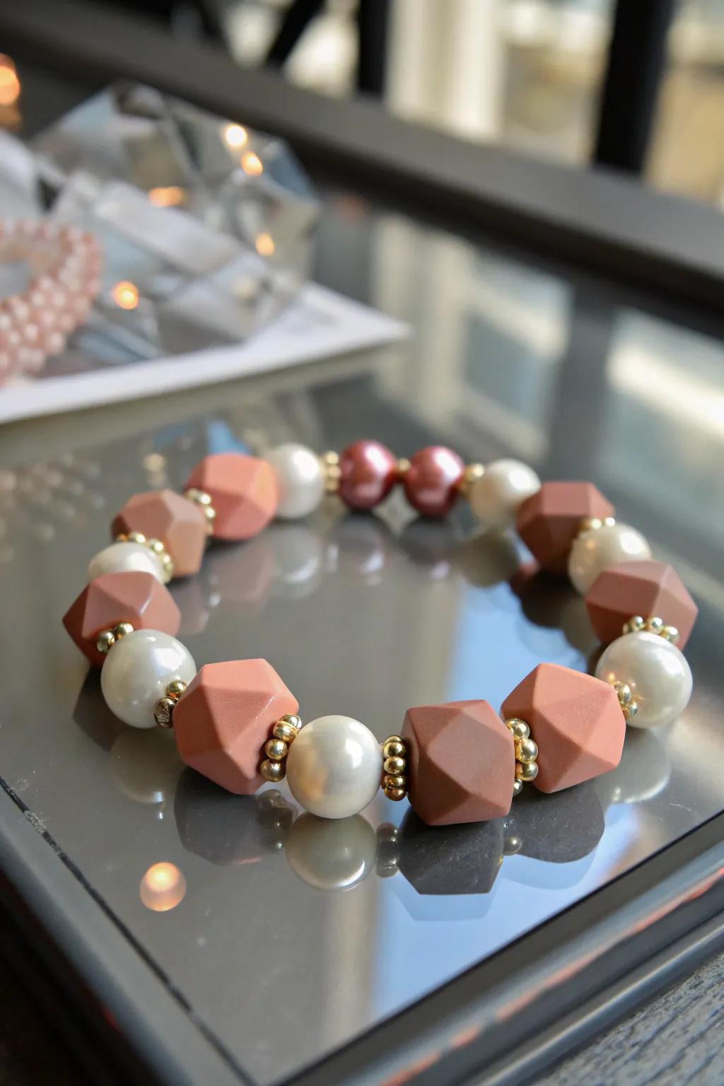 Geometric shapes and pearls for a glamorous bracelet.