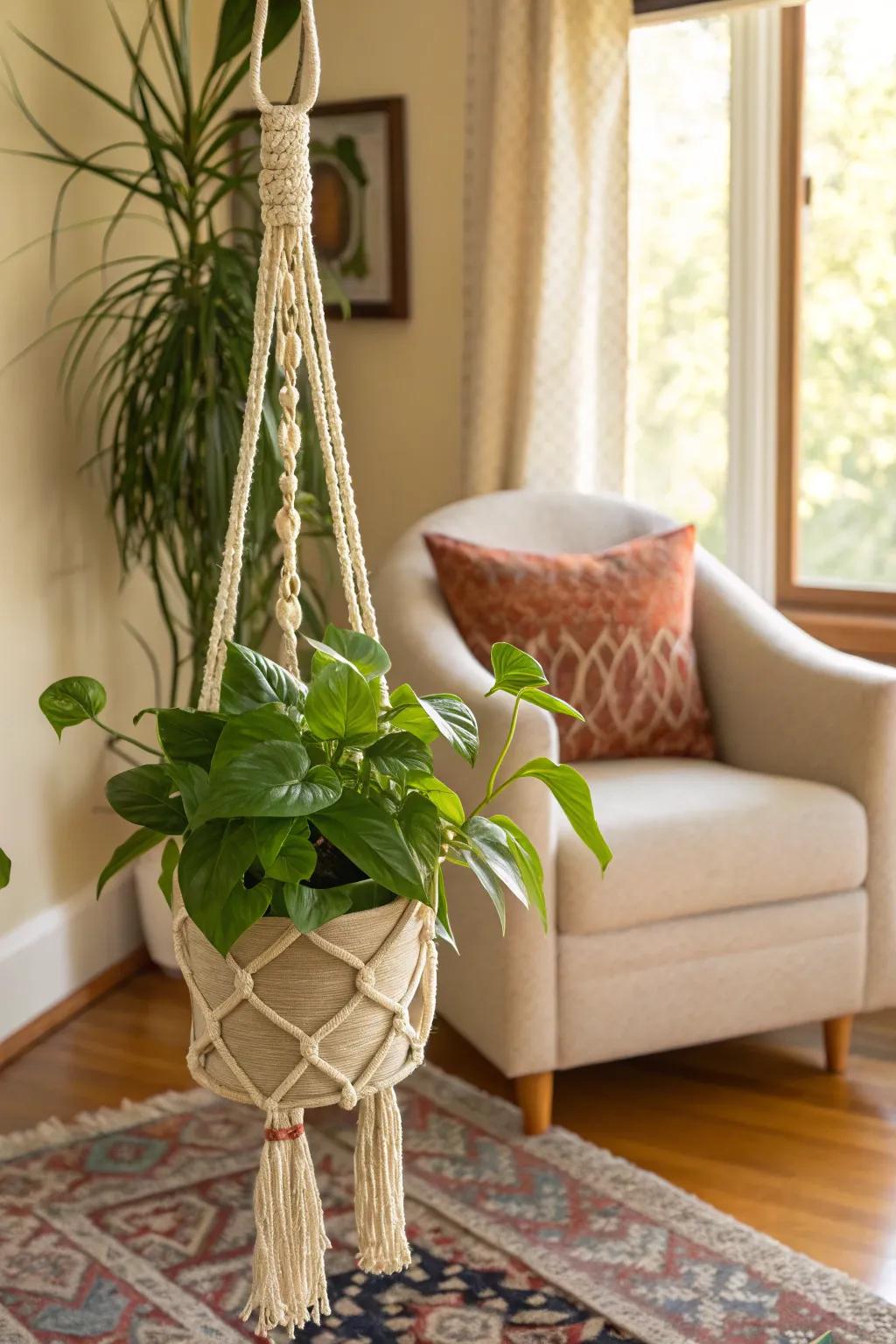 Macrame hangers add bohemian charm and texture.