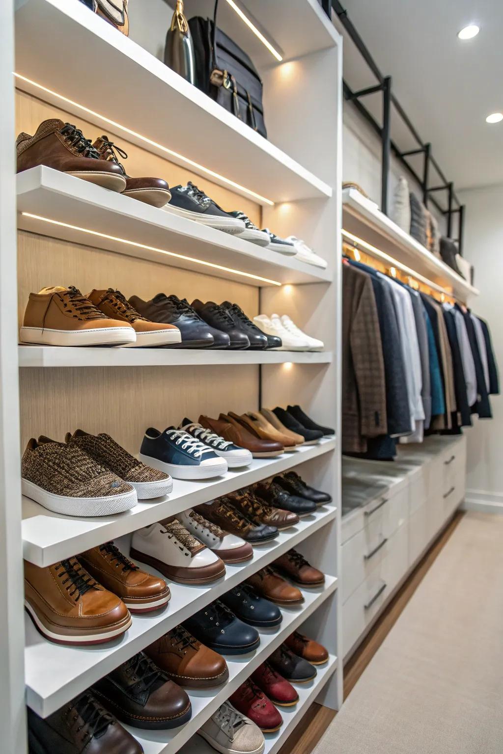 A closet featuring a dedicated shoe wall for an organized and stylish display.