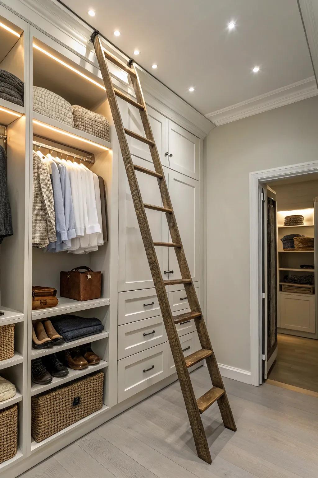 A decorative ladder adds both style and functionality, granting access to high shelves.