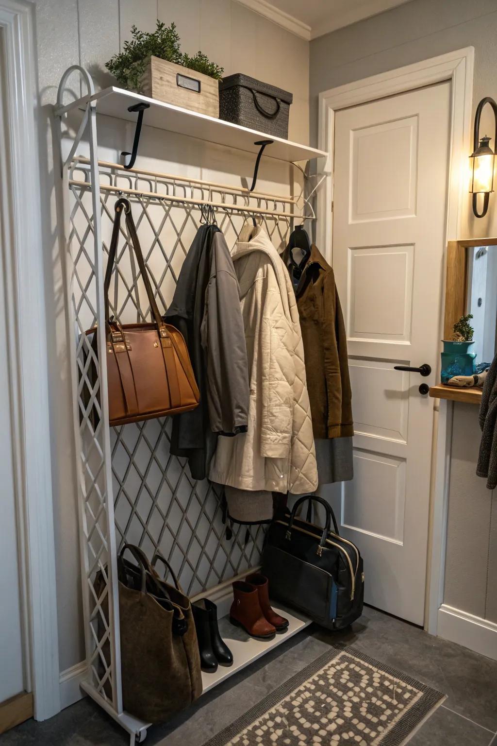 A trellis-style hanger adding charm to a small entryway.