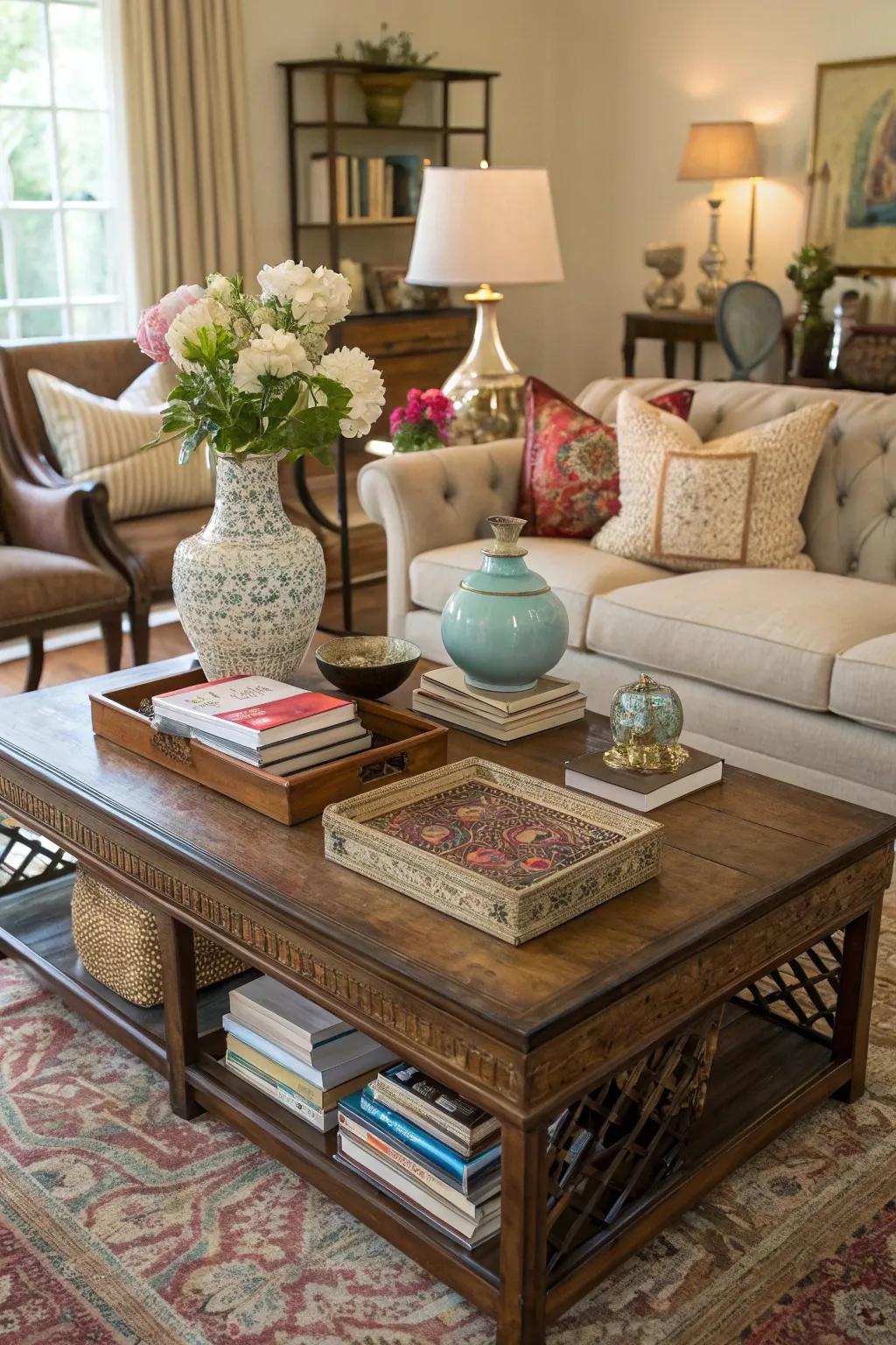 A mix of modern and vintage pieces creates an eclectic coffee table centerpiece.