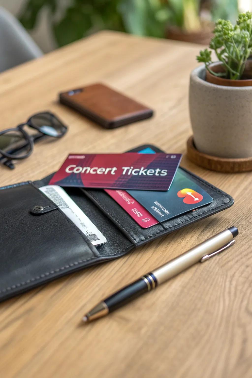 A fashionable wallet concealing concert tickets inside.