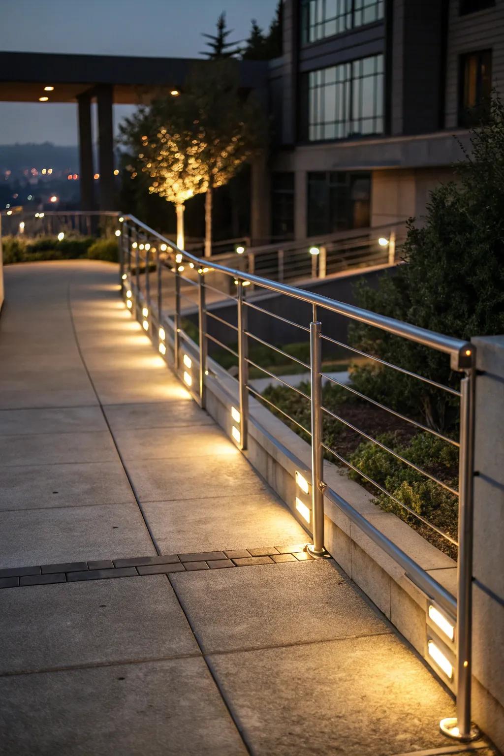 Integrated lighting adds ambiance to concrete patio railings.