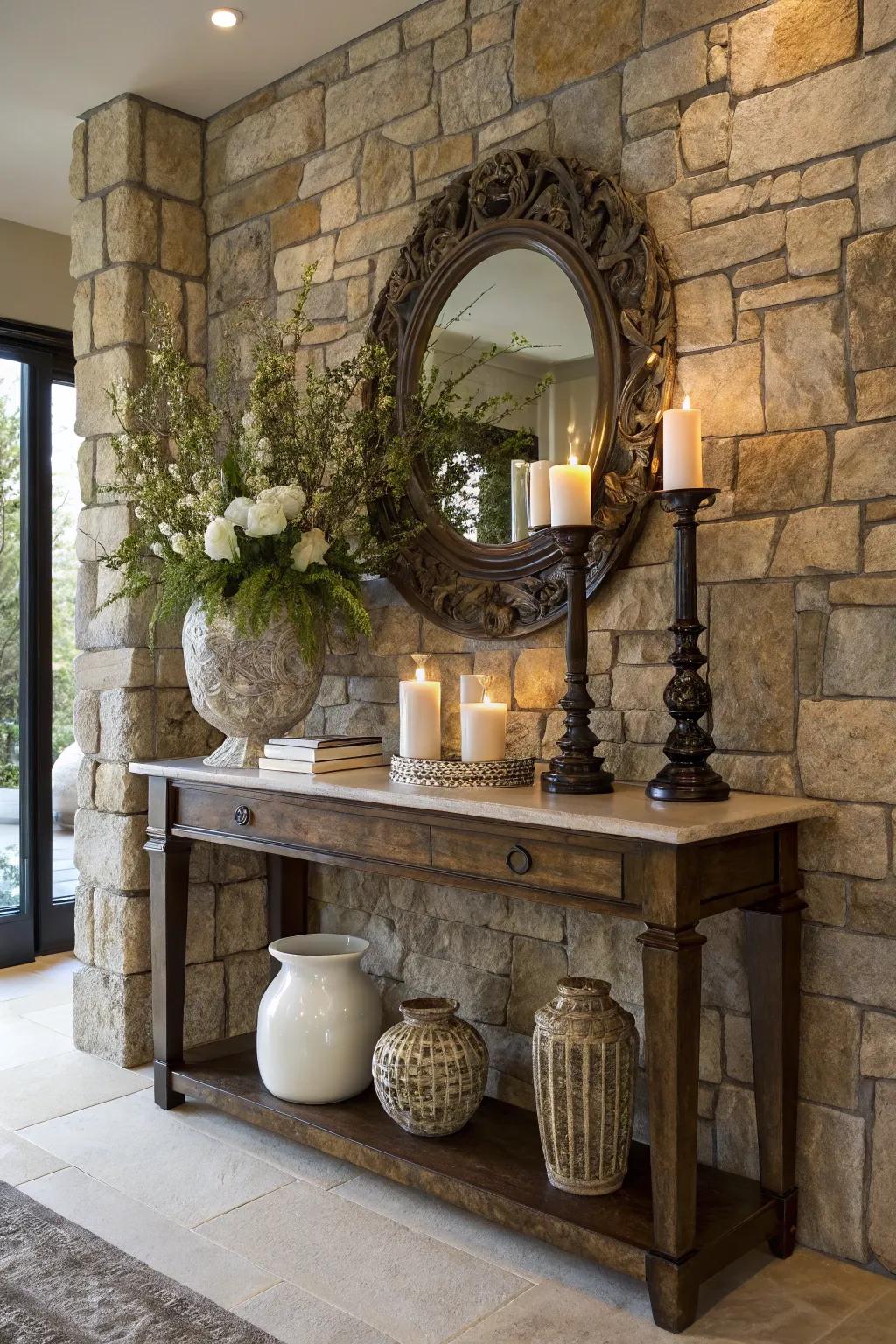 An elegant accent wall serves as a backdrop for this console table.