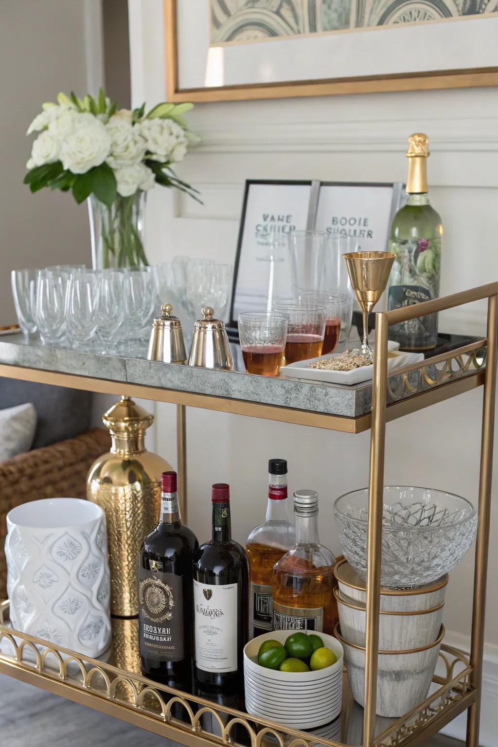 A stylish bar cart with personal decorative touches.