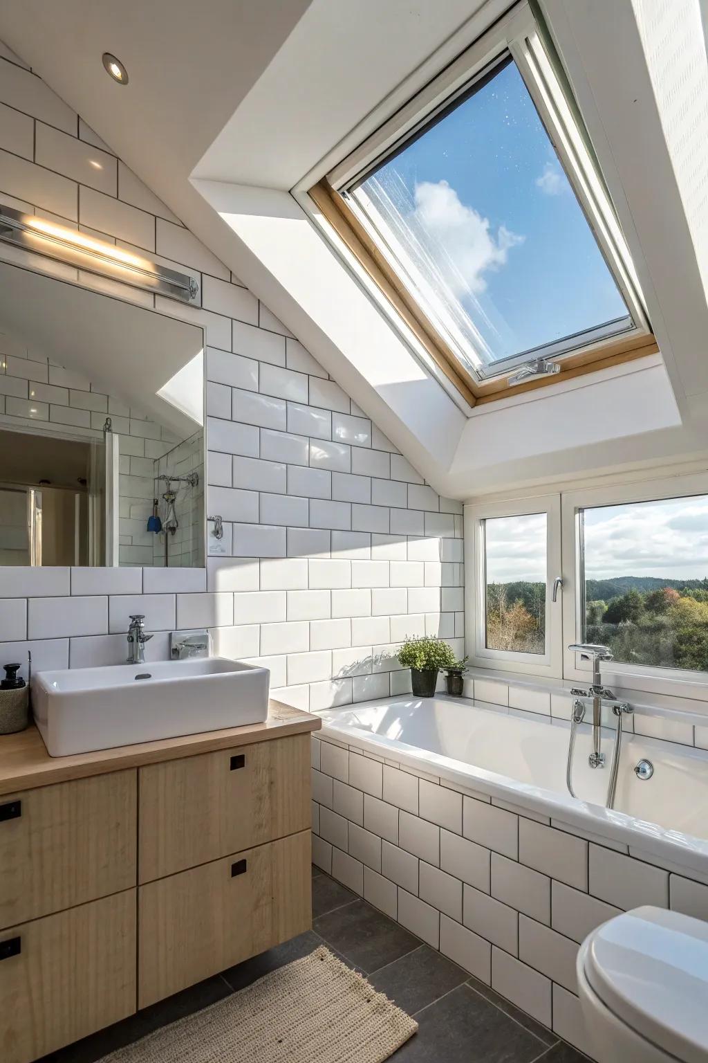 A skylight brings in natural light and enhances the bathroom's openness.