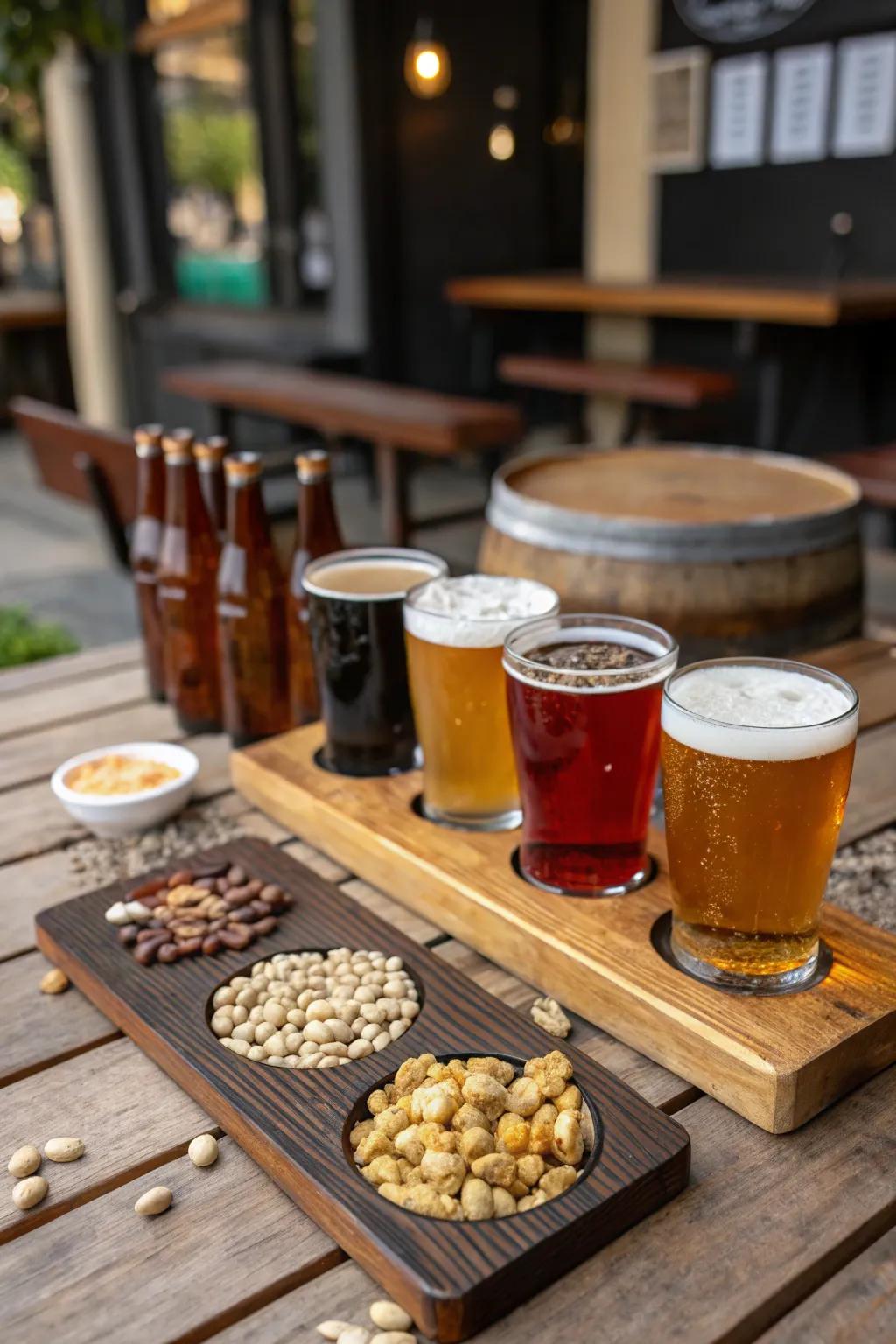 Craft beer sampler with a variety of beers from local breweries on a rustic table.