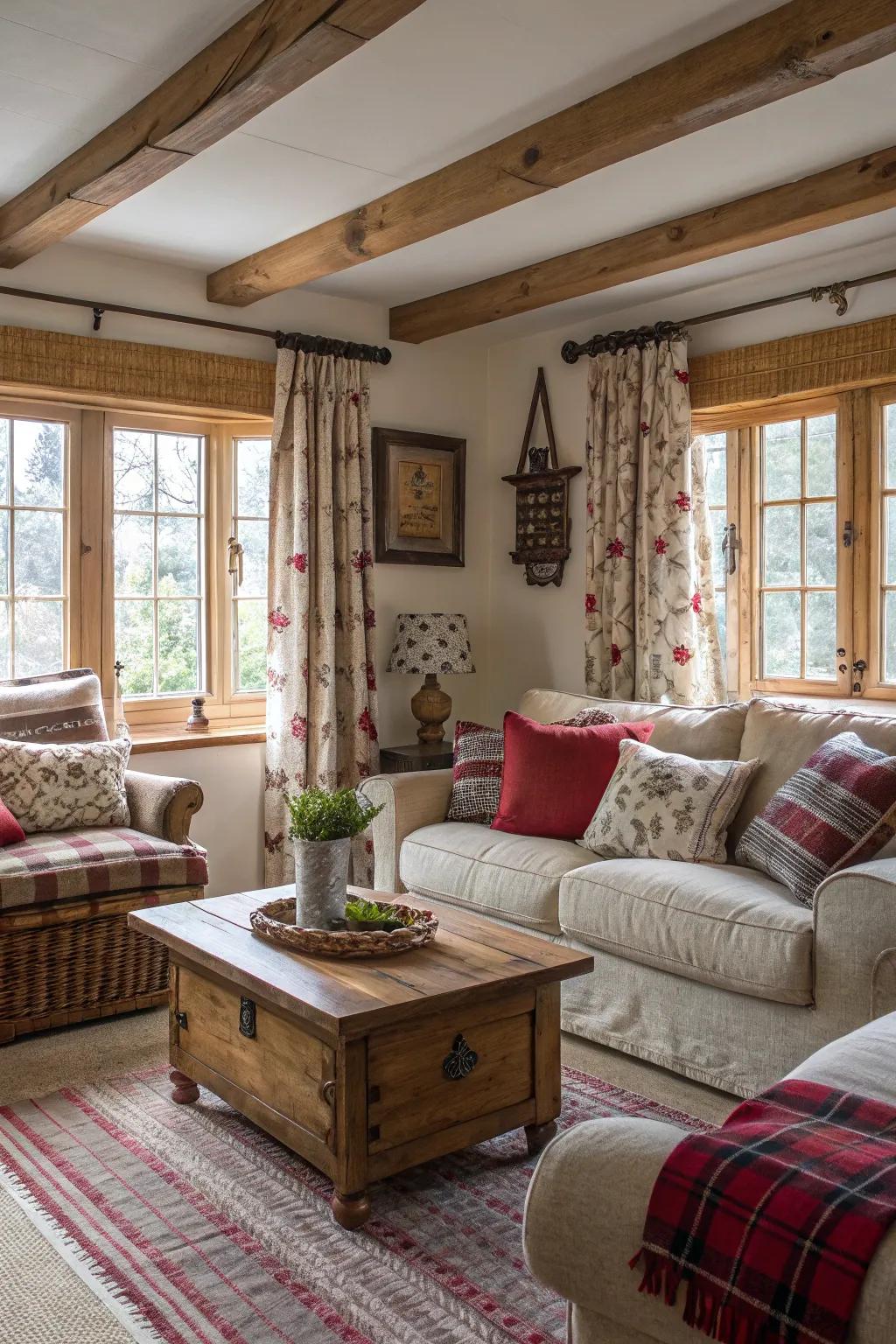 Mixed fabrics create a layered and personalized look in country living rooms.