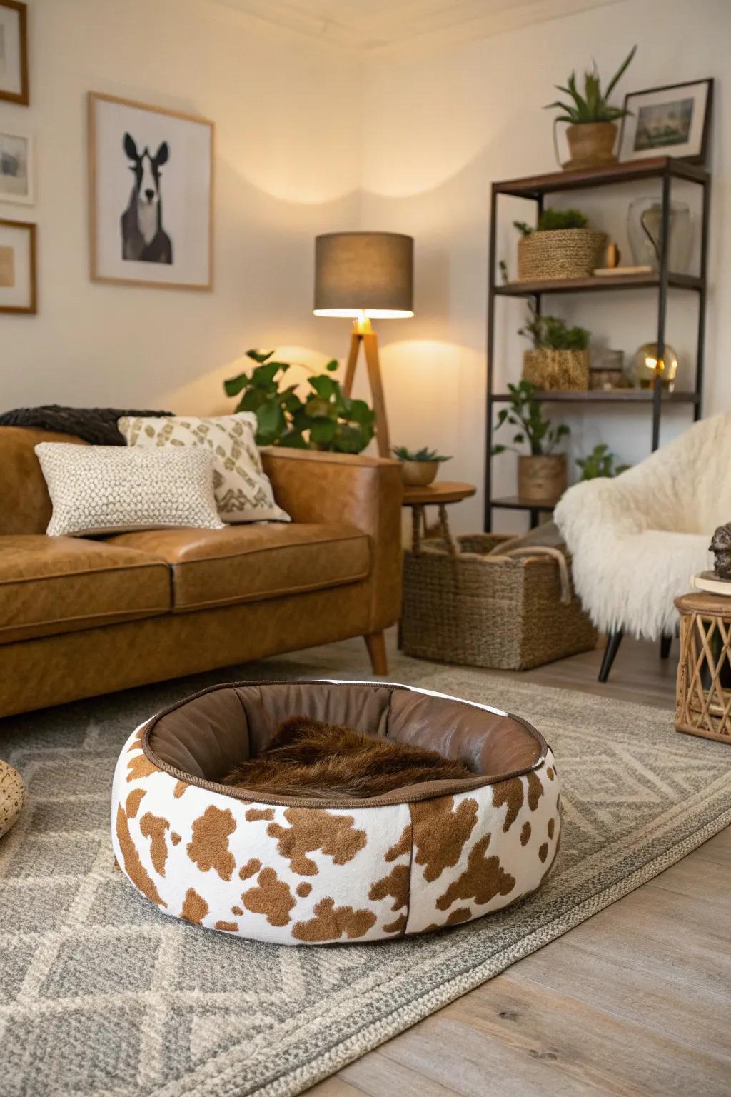 A cowhide pet bed keeps pet spaces chic.