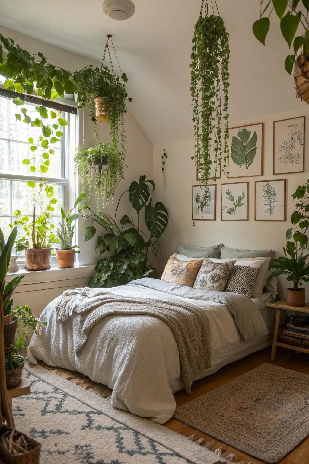 Greenery adds life and color to this cozy bedroom.