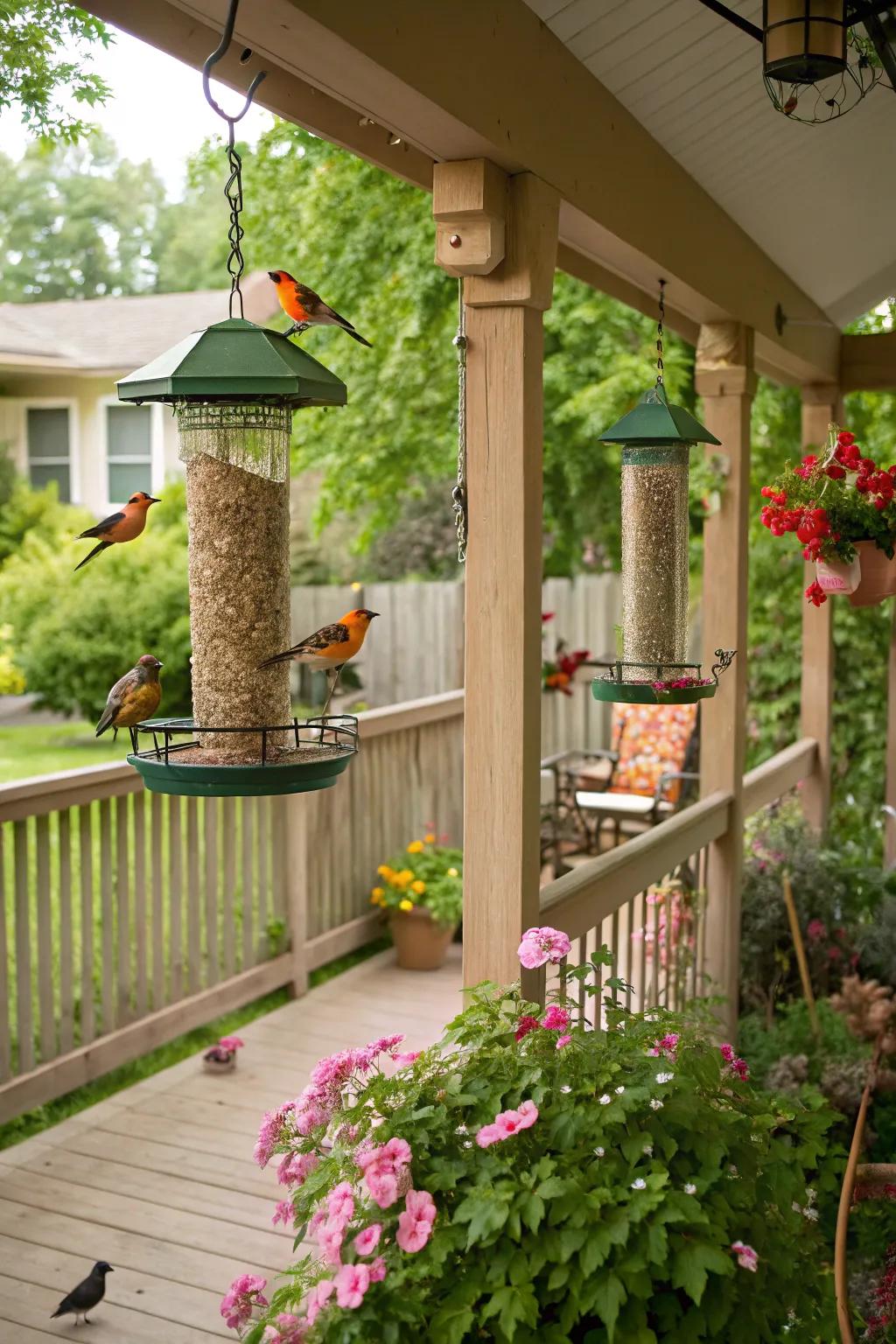 Bird feeders invite nature and liveliness to a porch.