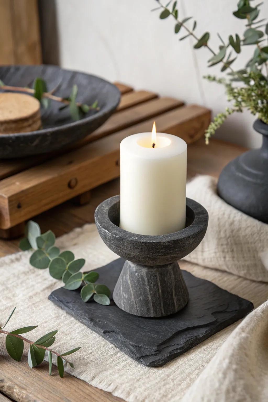 Elevate your space with the natural elegance of handcrafted slate candle holders. Perfect for a cozy, minimalist touch.