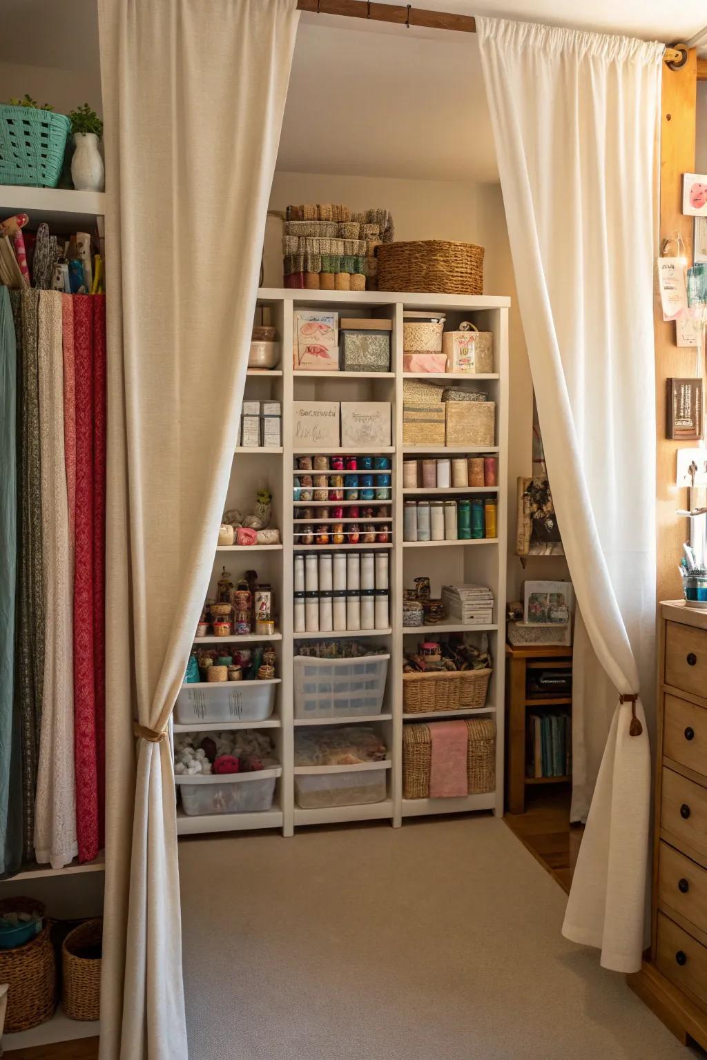 Curtains can conceal clutter and add style to your craft room.