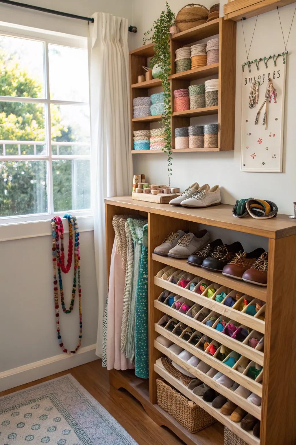 Shoe rack shelves efficiently organize small craft supplies.