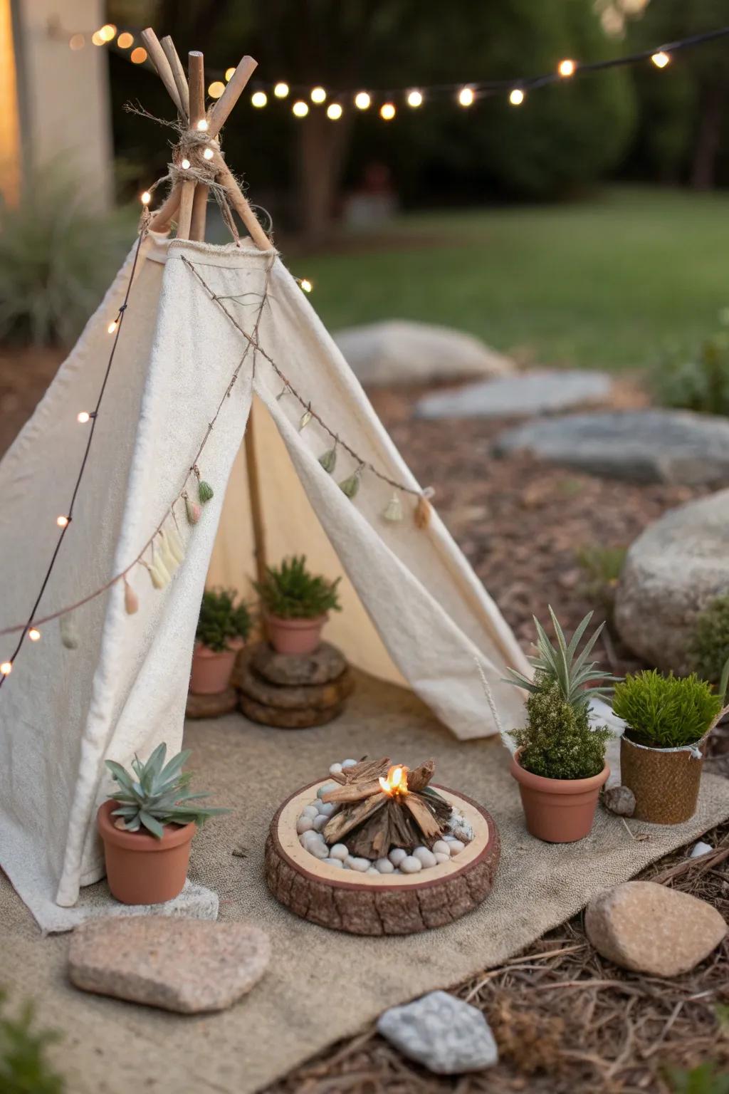 Embark on a tiny outdoor adventure with this charming doll camping setup, where simplicity meets natural beauty.