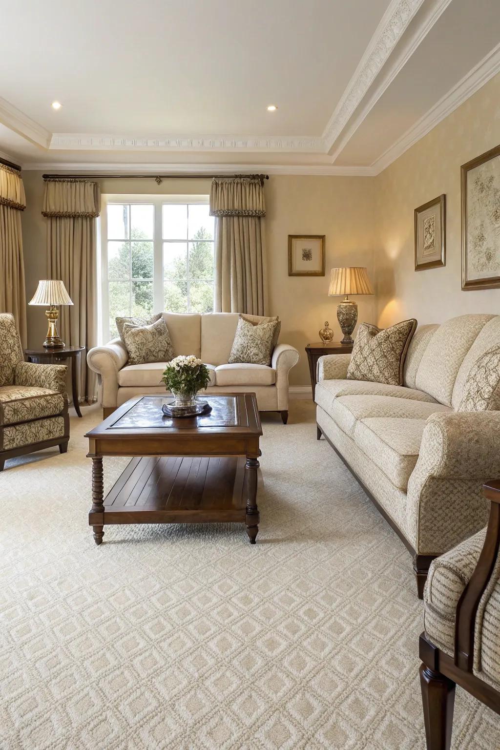 Symmetry brings balance and harmony to a cream carpeted living room.