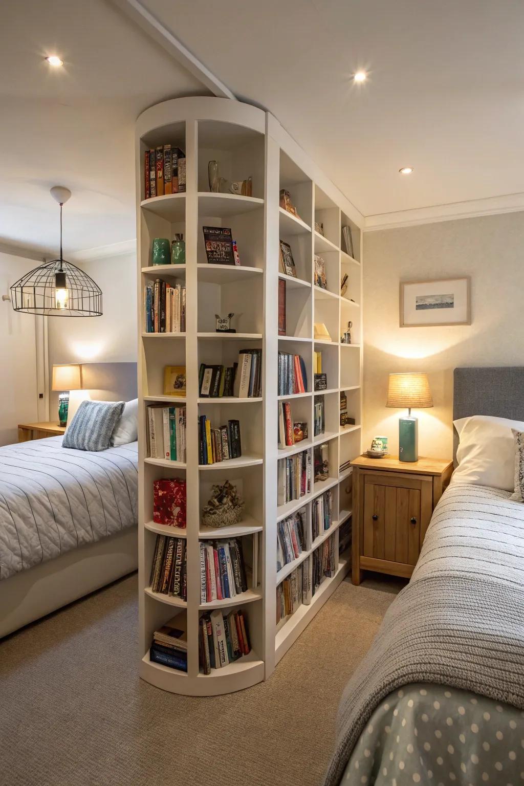 A rotating bookshelf serves as a dynamic and practical room divider.