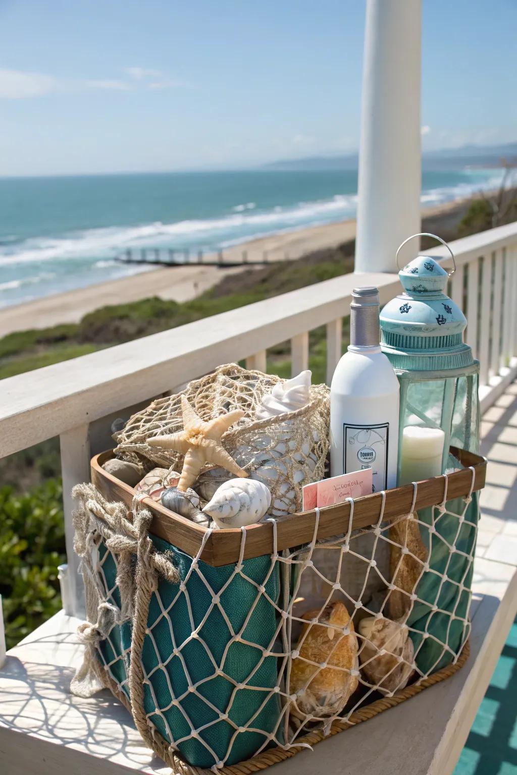 A seafaring gift basket with a fishnet wrap.