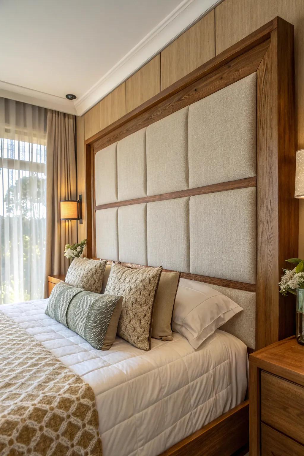 Combining materials creates a textured and layered headboard.