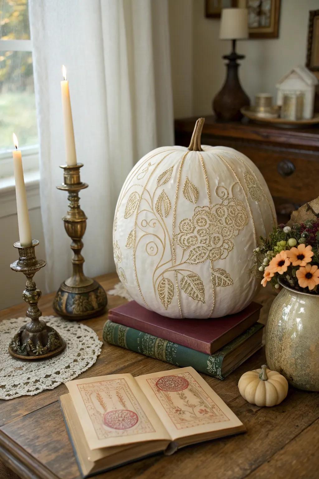 A vintage lace pumpkin adds elegance and charm.