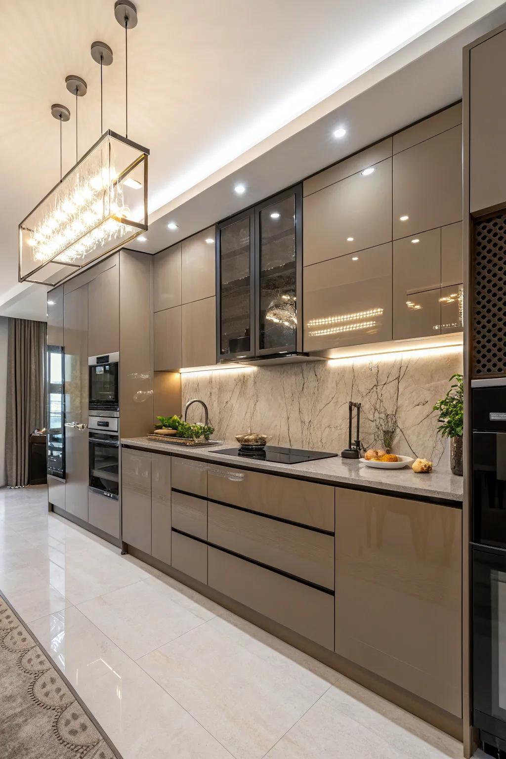 Contemporary lighting adds sophistication to beige kitchens.