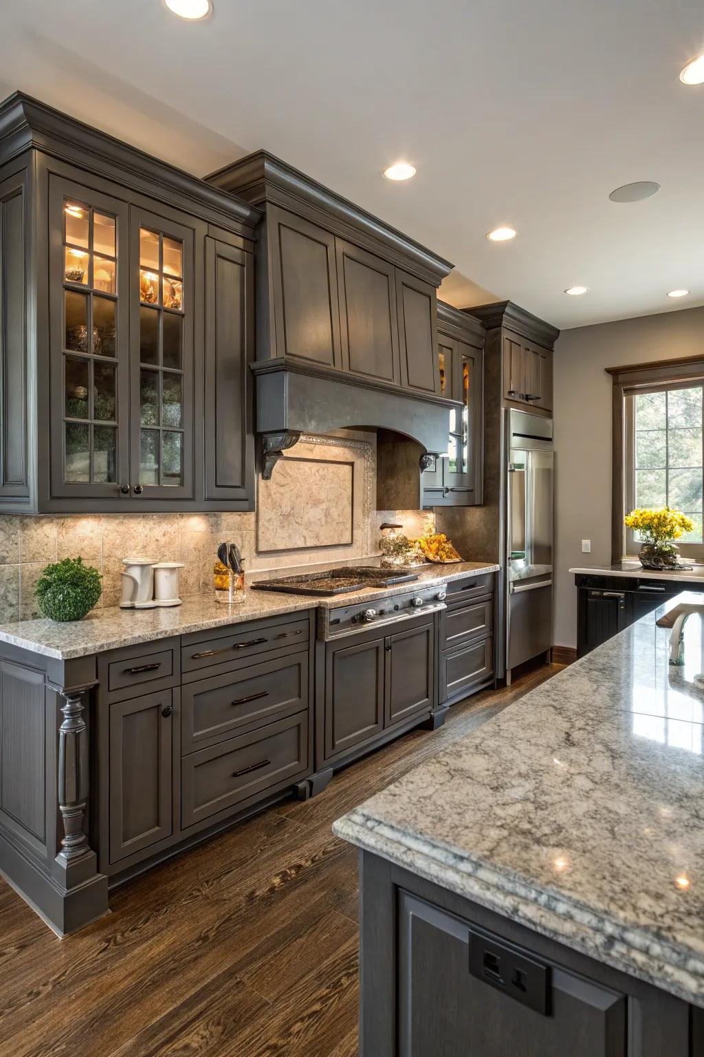 Natural stone adds luxury and elegance to dark gray cabinets.