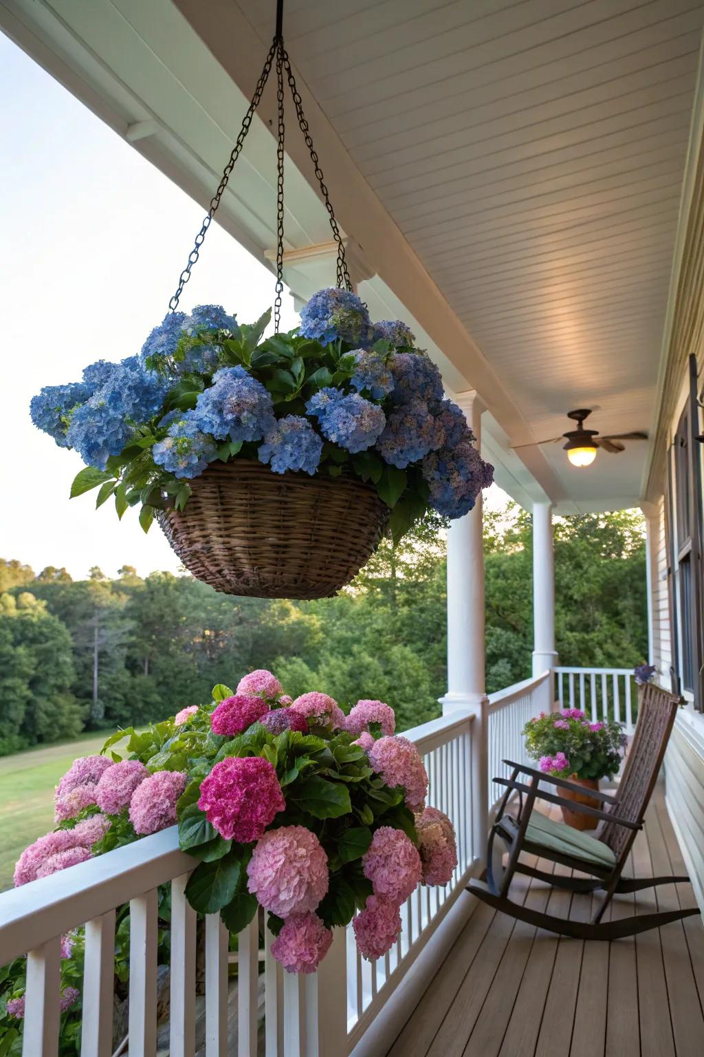 A hanging basket of hydrangeas adds vertical interest.