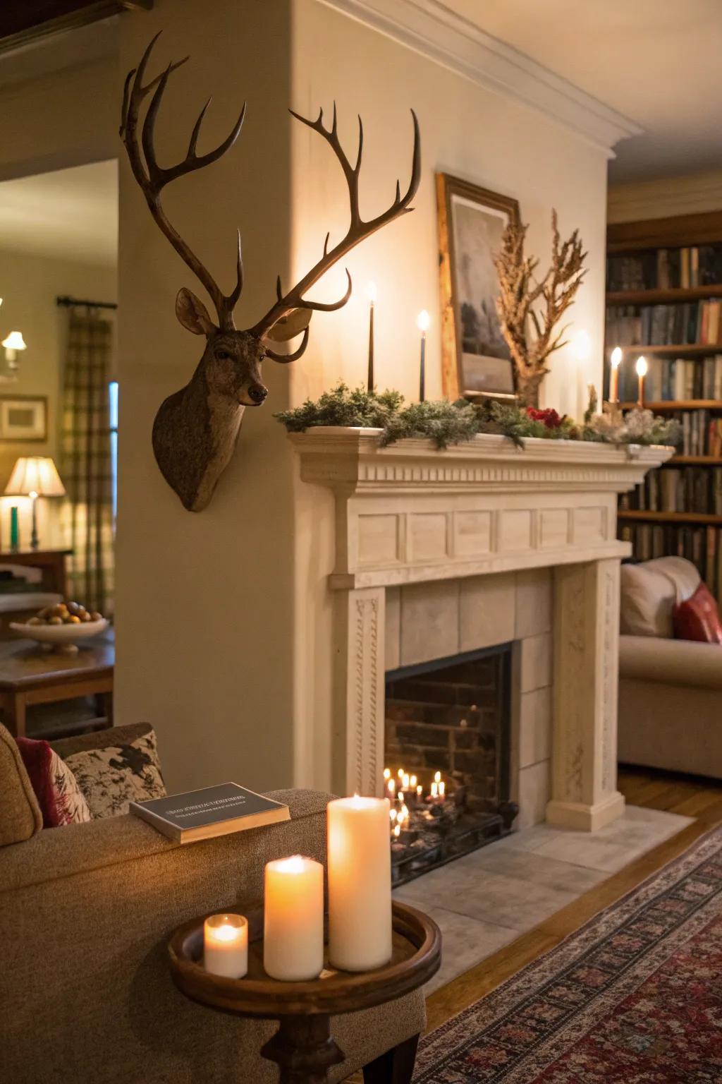 Create a cozy atmosphere with antler mantel decor.