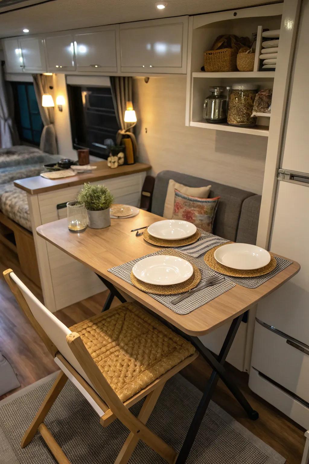 A dual-purpose desk maximizing functionality in a small apartment.