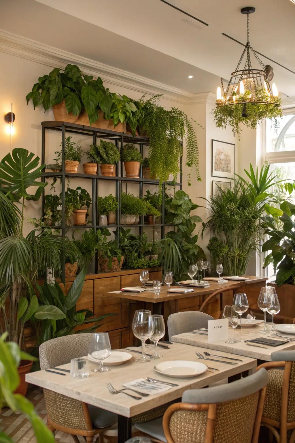 Indoor plants bring life and freshness to the dining room.