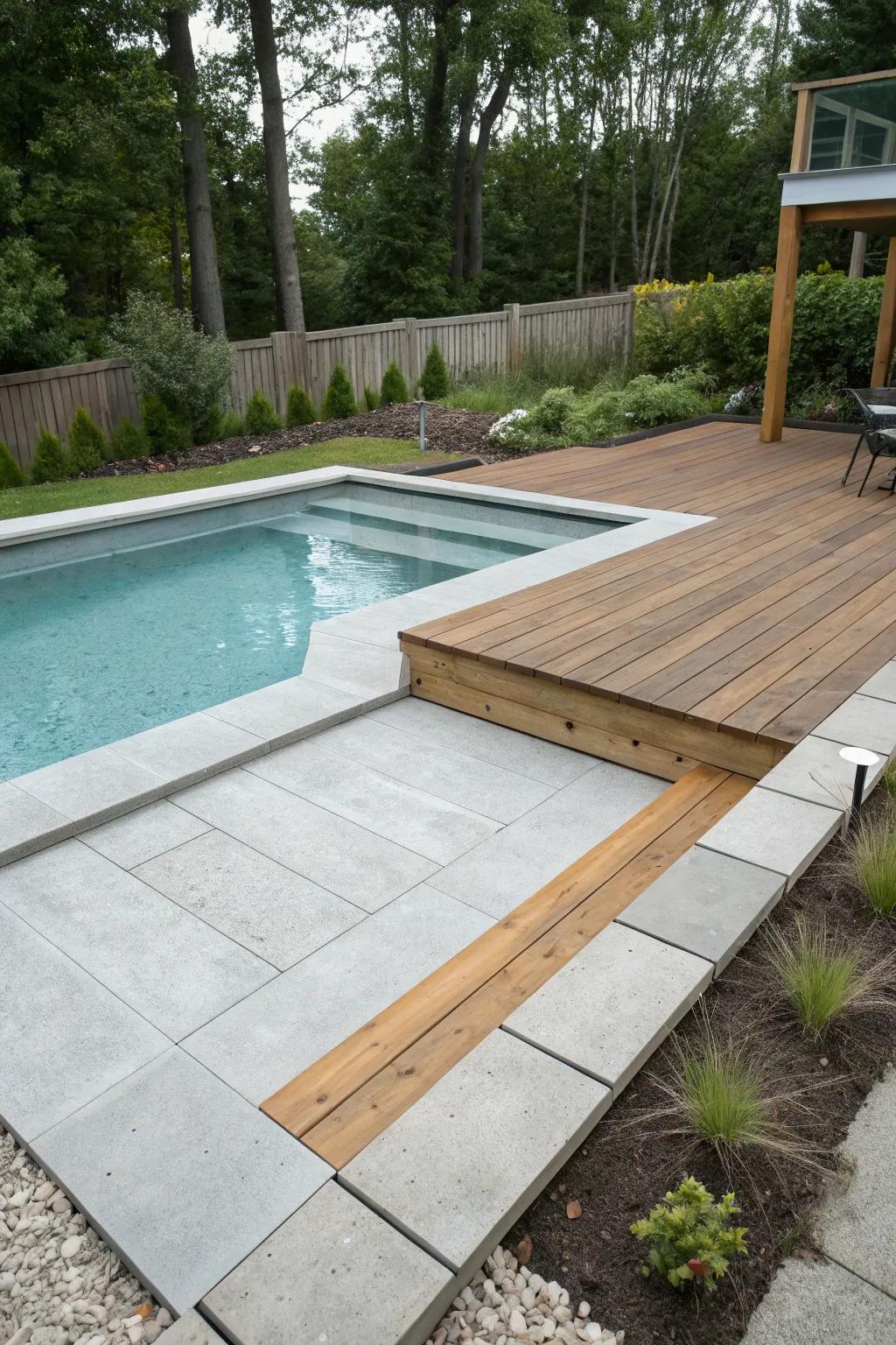 Concrete and wood create a striking, modern aesthetic for your pool area.