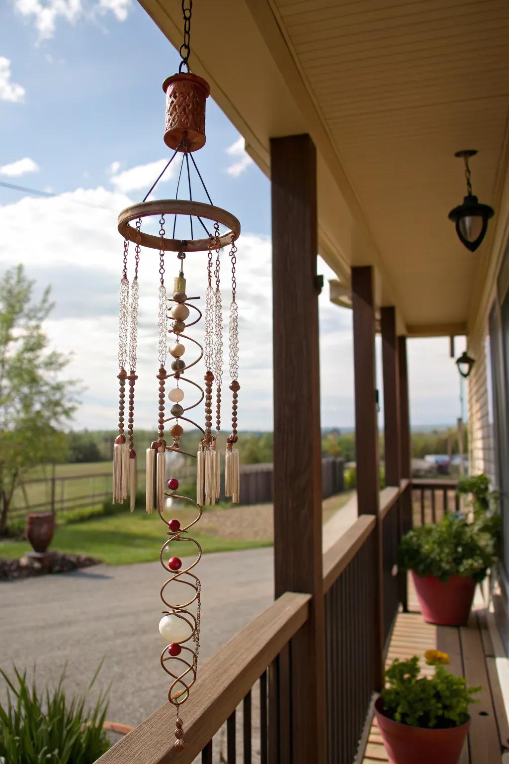 A charming bed spring wind chime adds soothing sounds to the porch.