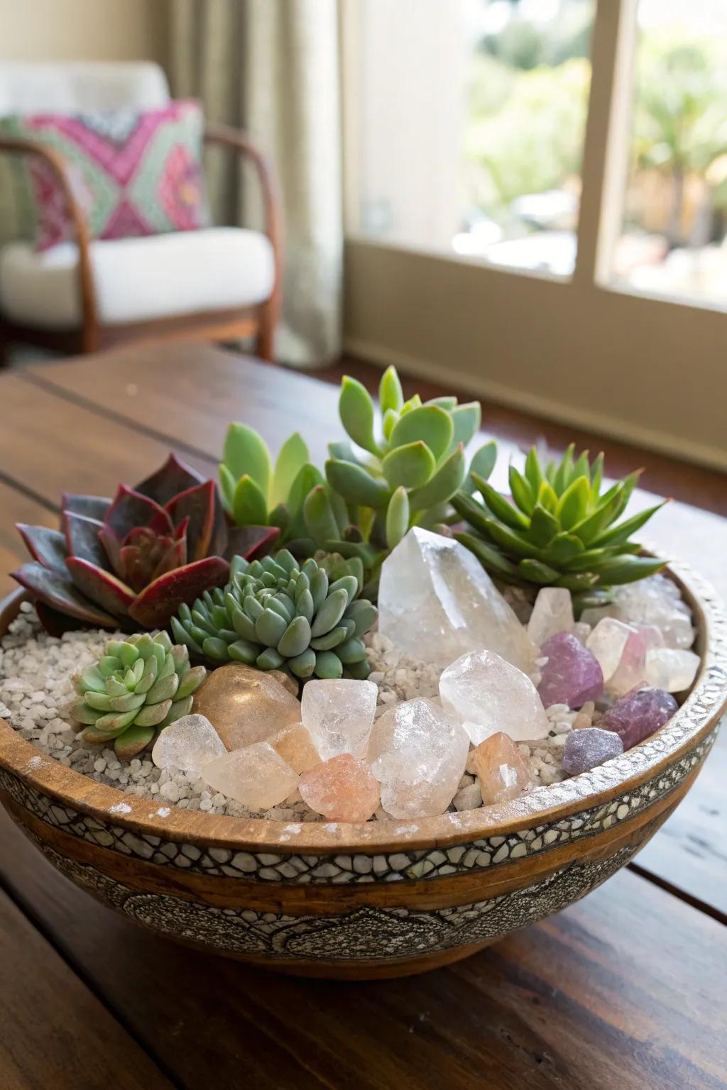 Enchanting crystal and succulent centerpiece