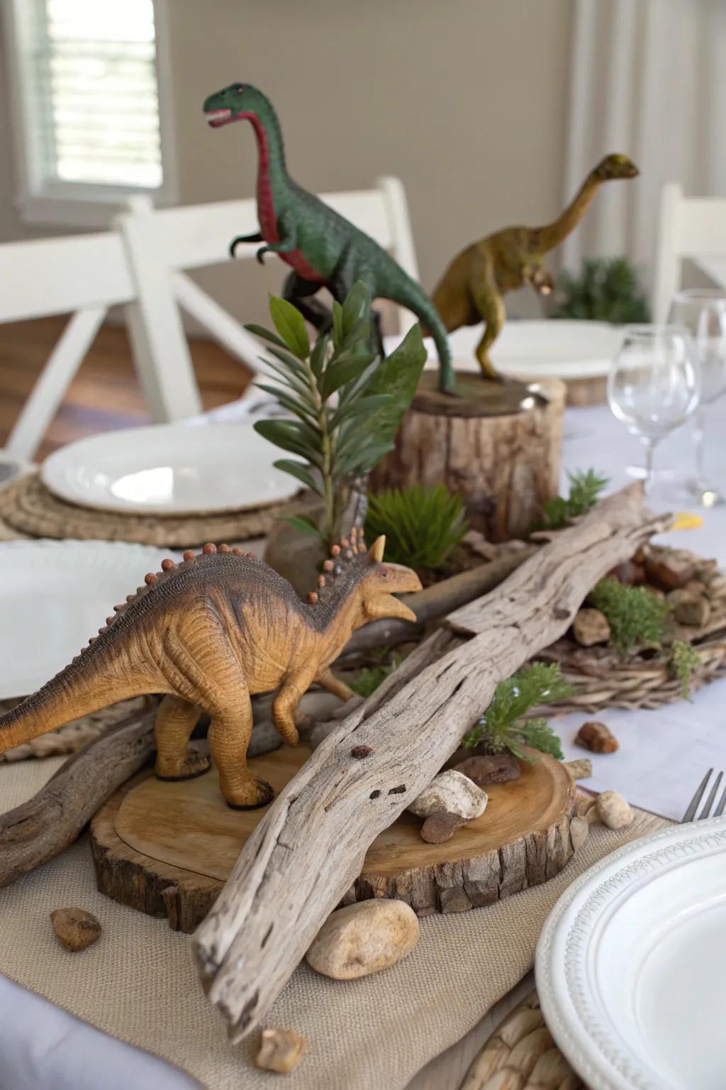 Sophistication meets playfulness in this dinosaur and driftwood centerpiece.