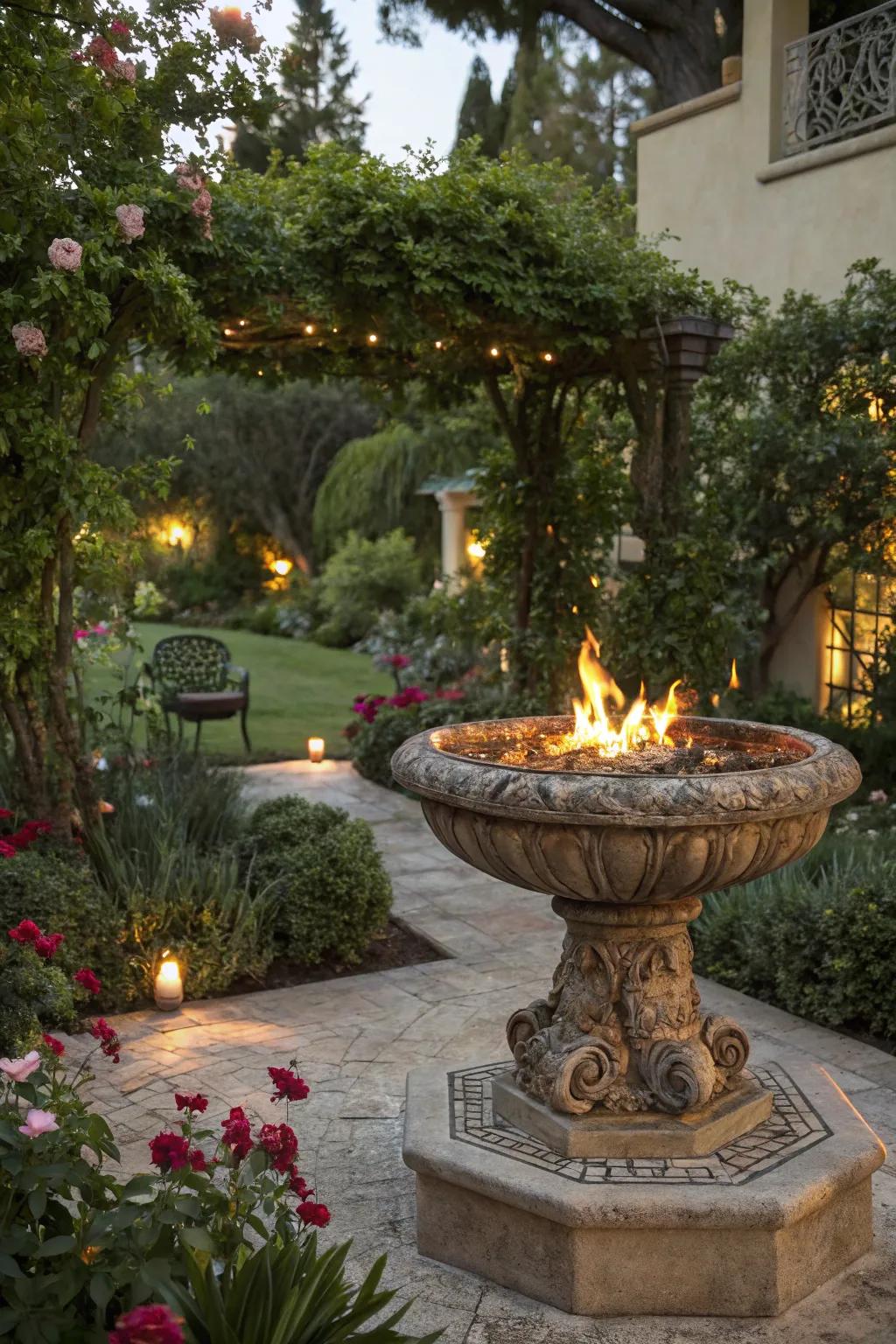 A bird bath fire pit adds an elegant and whimsical touch to any garden.