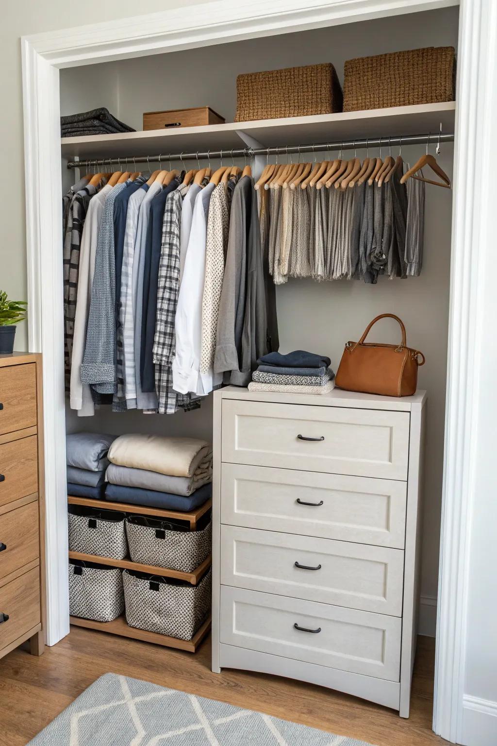 A small dresser inside a closet adds valuable storage space.