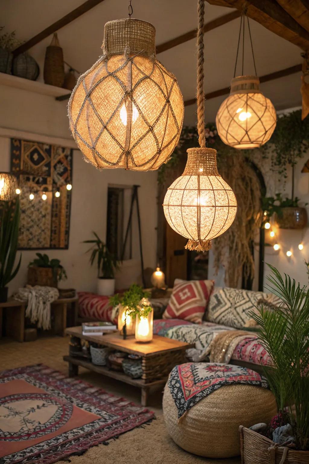 Jute twine lanterns add a cozy, bohemian feel to living spaces.