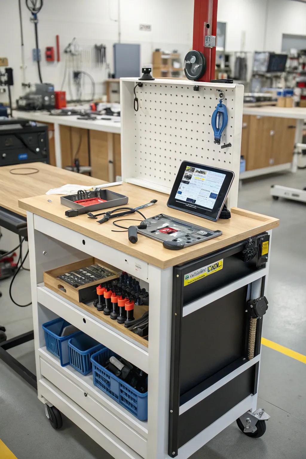 Follow tutorials easily with a built-in tablet holder on this workbench.