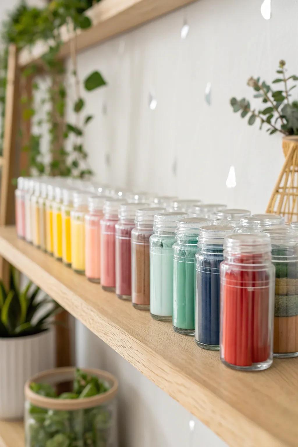 Elevate your art space with stylish and functional glass jar storage for your paint tubes.