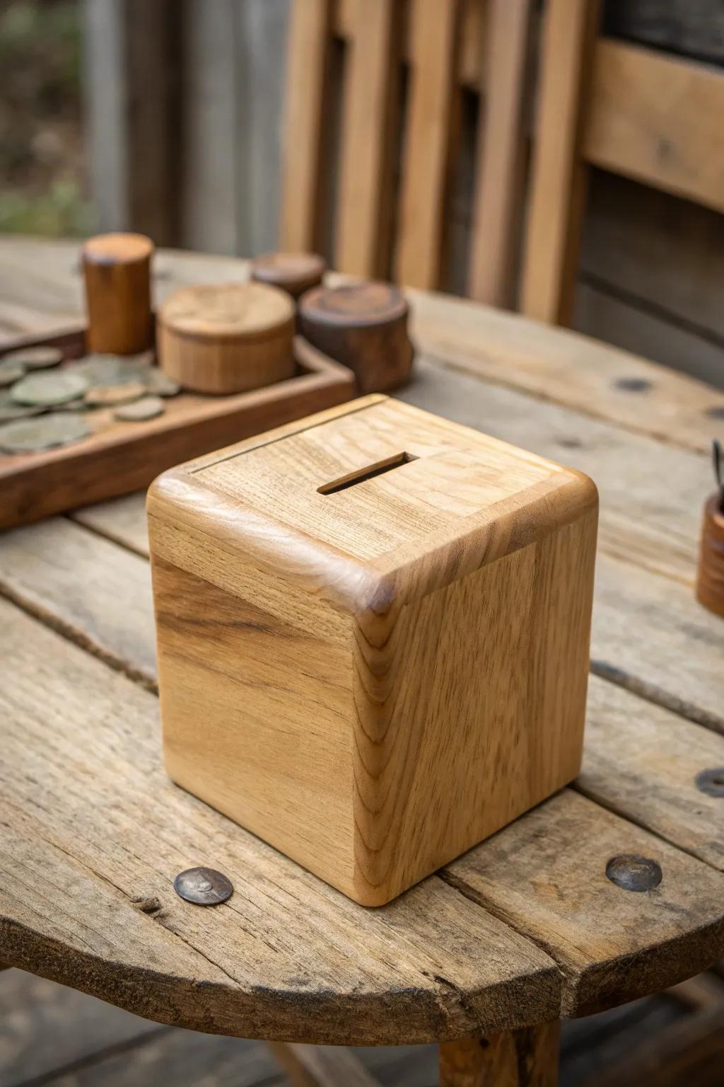 Timeless wooden block coin bank.