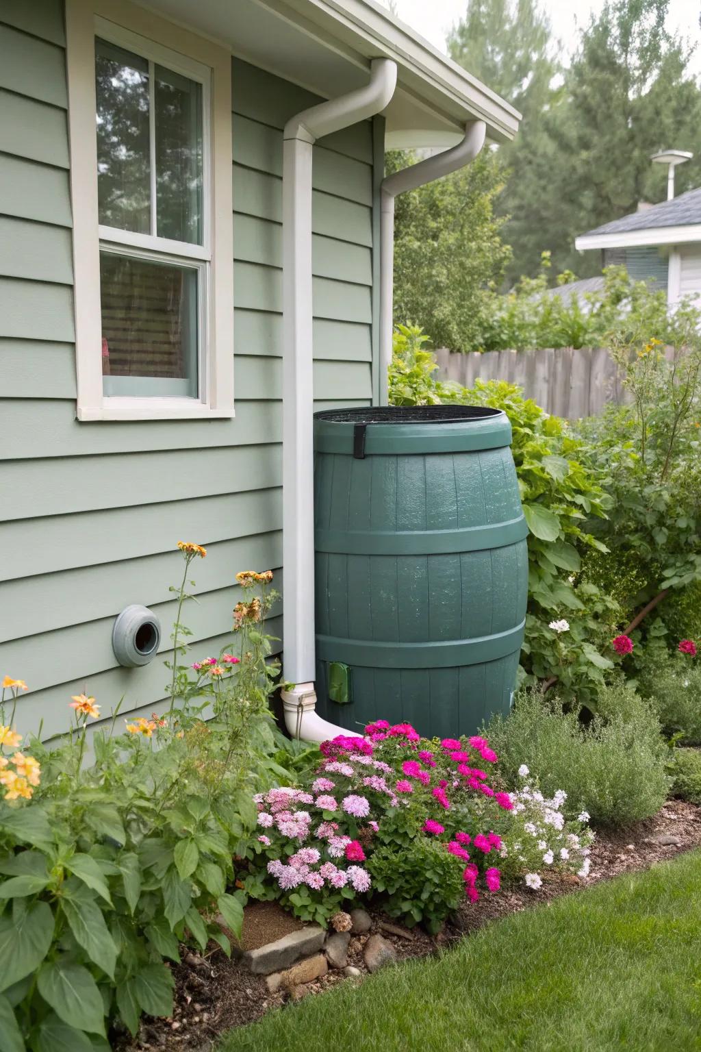 A color-coordinated rain barrel seamlessly fits into the home’s exterior design.