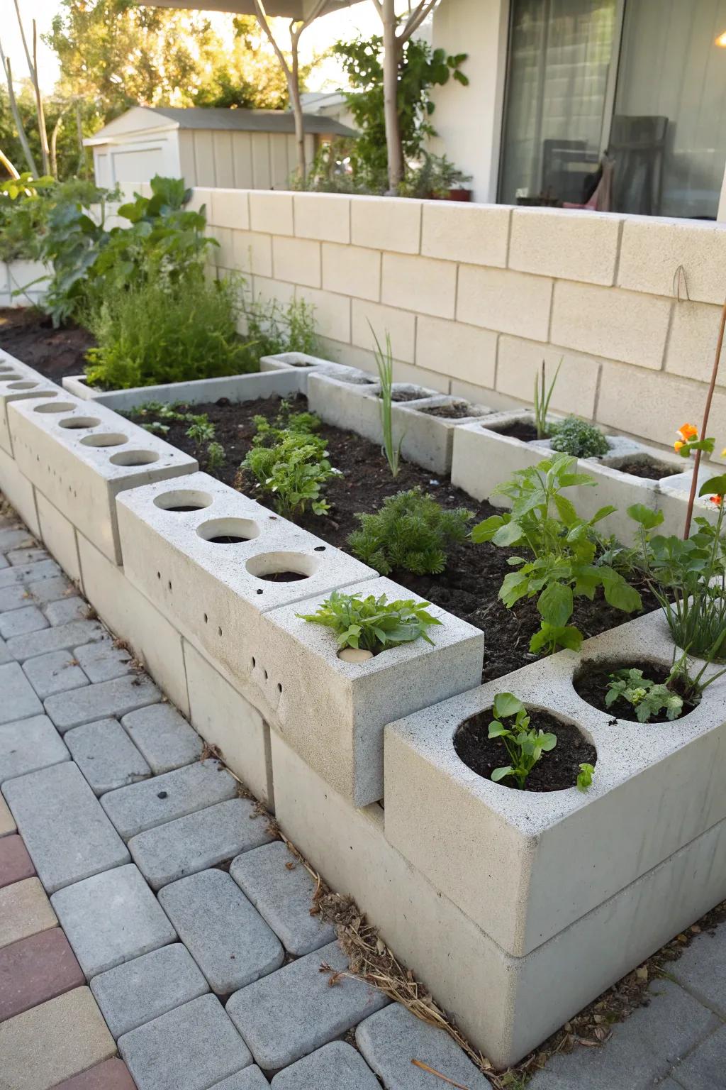 A modern concrete block planter with integrated greenery.