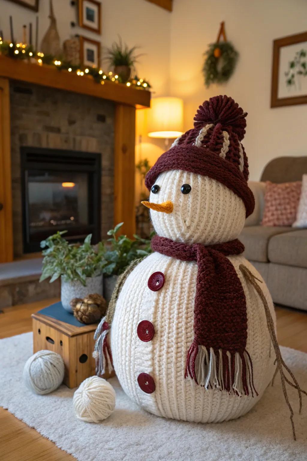 Cozy and handmade, this yarn snowman is perfect for any room.