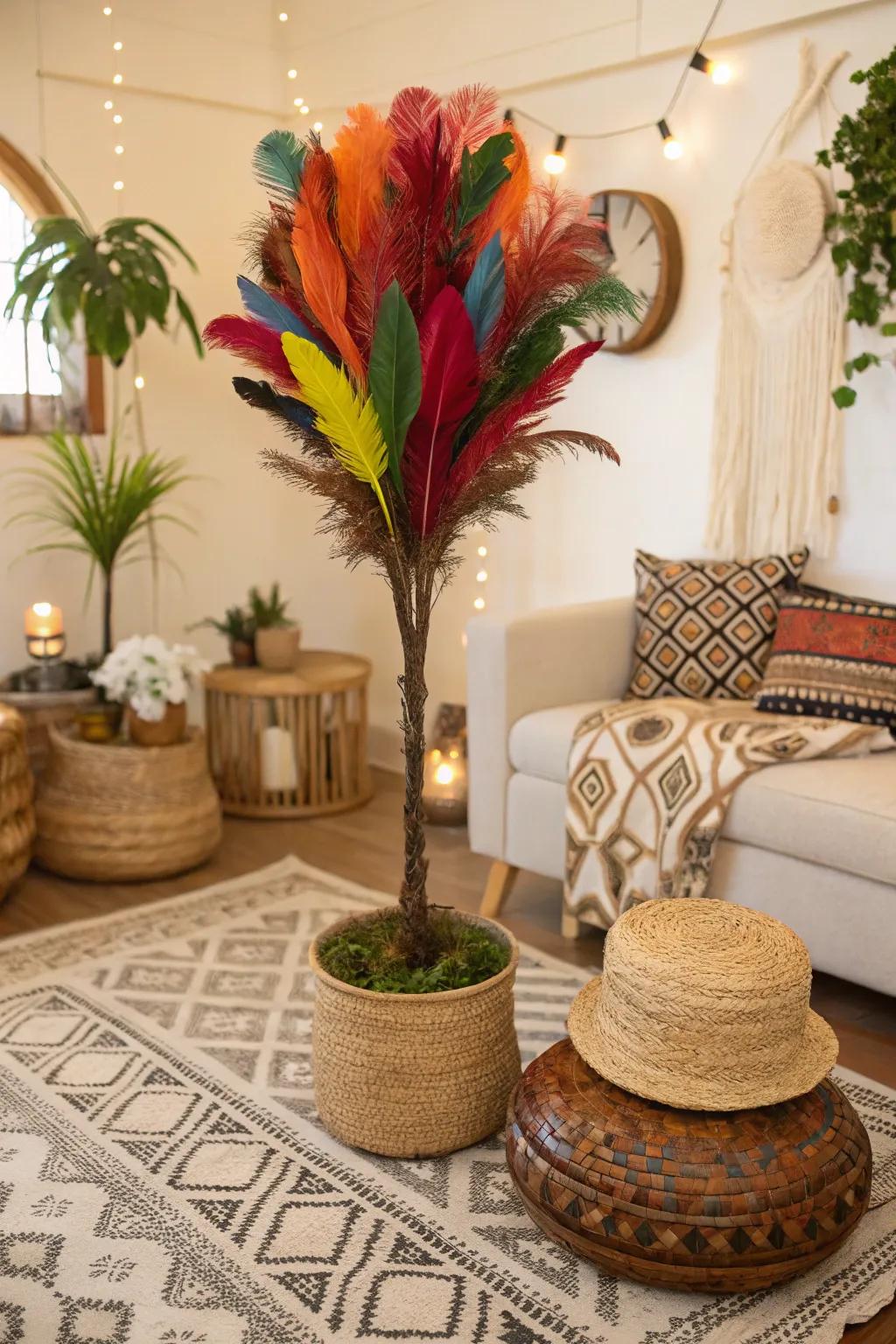 A bohemian feather topiary adding whimsy to a boho-chic living room.