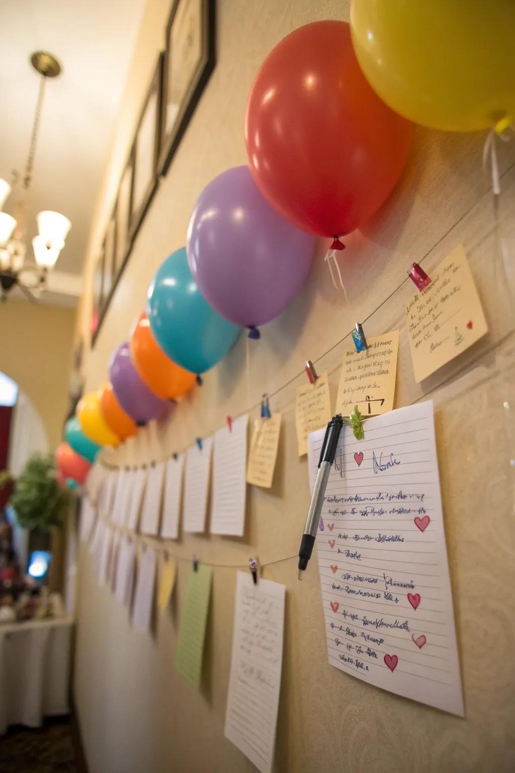 A balloon message wall invites guests to share their sentiments.